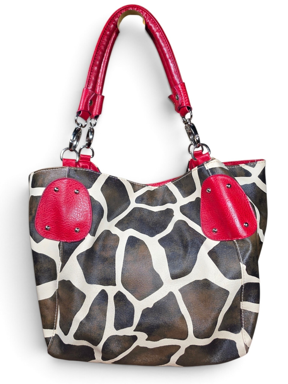 Giraffe Print Hobo Tote Bag w/ Red Accents & Silver Studs